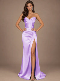 Dusty Blue Strapless Lace Corset Prom Dress with High Slit