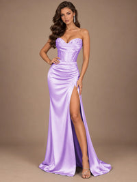Dusty Blue Strapless Lace Corset Prom Dress with High Slit