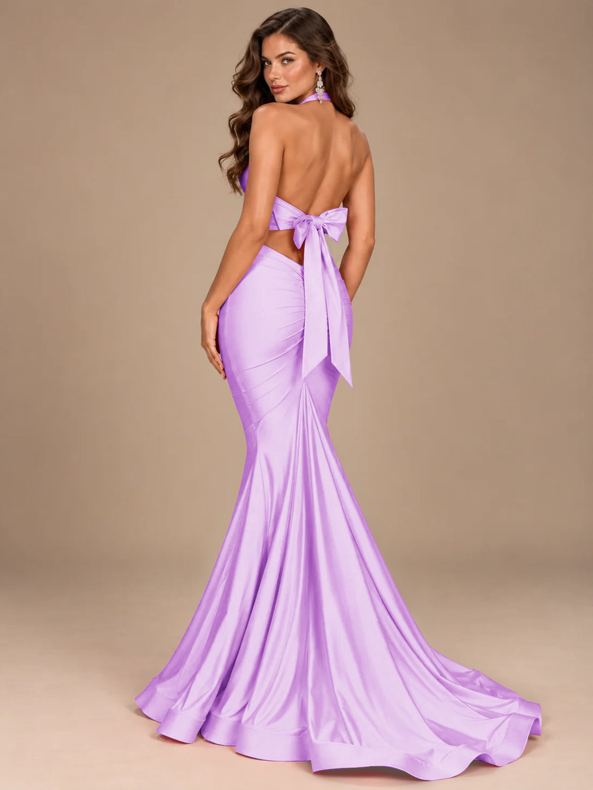 Pink Halter Deep V-Neck Ruched Mermaid Prom Dress