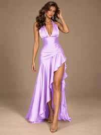 Burgundy Halter Deep V-Neck Ruched High Slit Ruffle Prom Dress