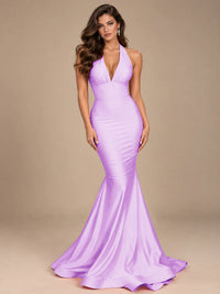 Pink Halter Deep V-Neck Ruched Mermaid Prom Dress
