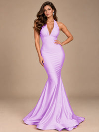 Pink Halter Deep V-Neck Ruched Mermaid Prom Dress