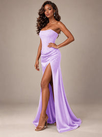 Burgundy Strapless Sparkly Corset Prom Dress with High Slit