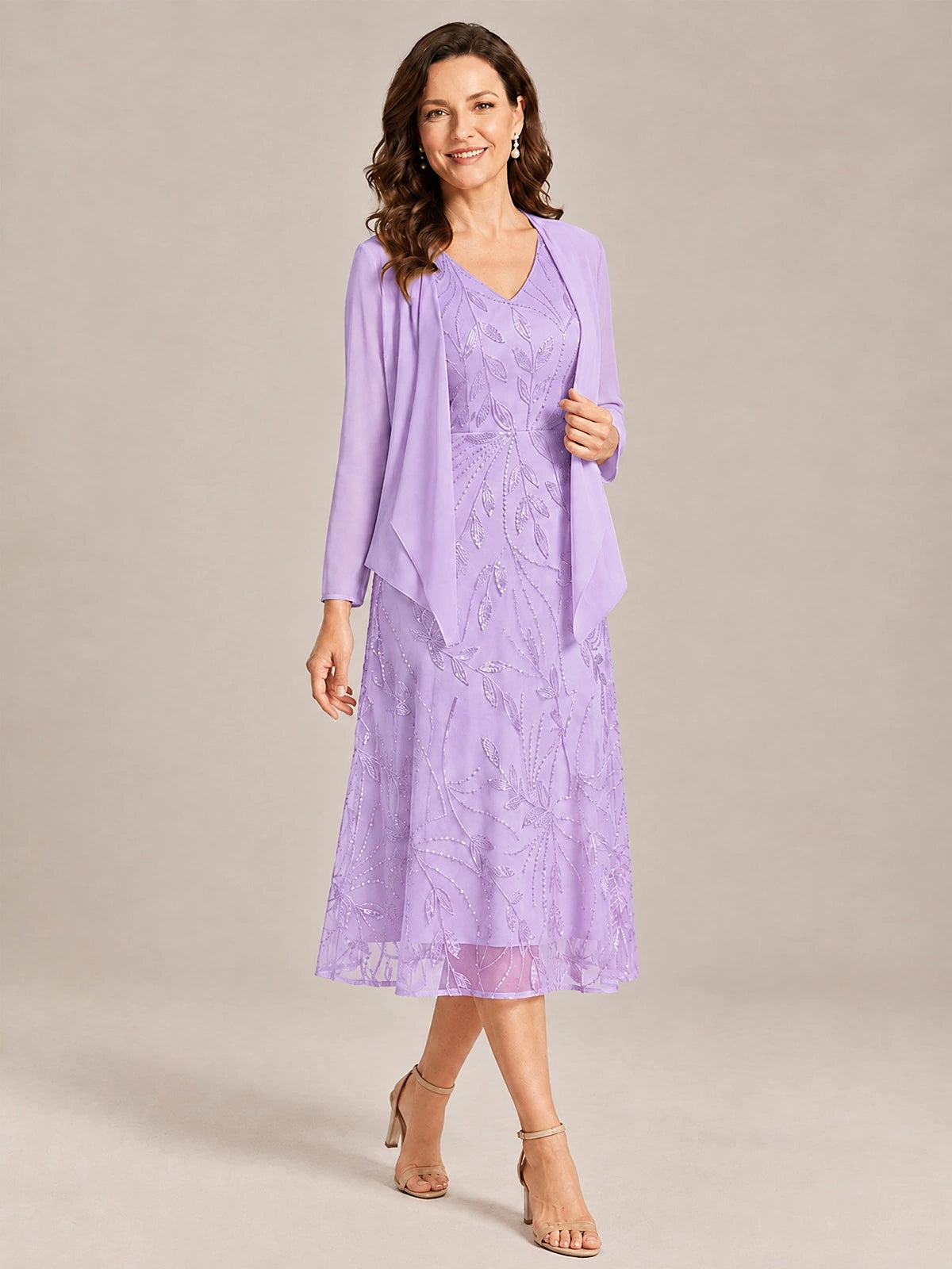 Tea Length Sequin Lace Mother of the Bride Dress with Chiffon Jacket