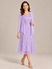 Tea Length Sequin Lace Mother of the Bride Dress with Chiffon Jacket