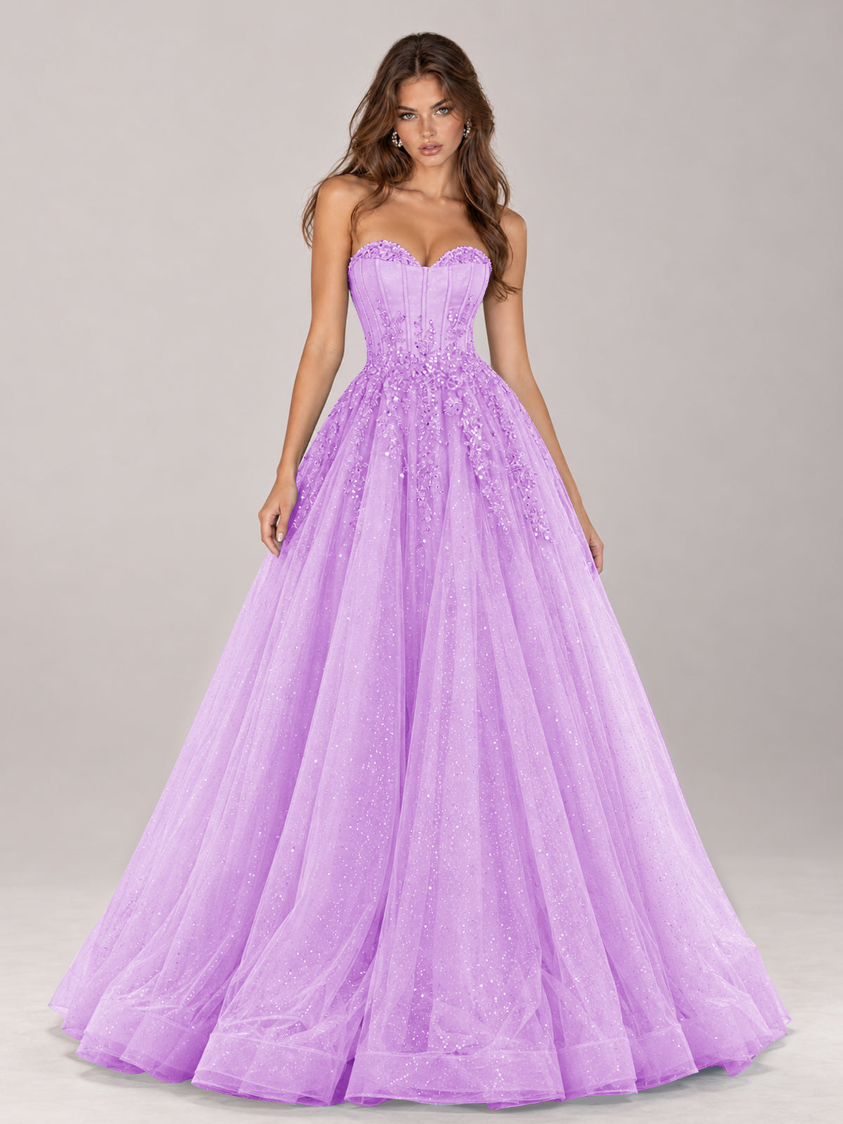 Strapless Sweetheart Beaded Corset Glitter Tulle Ball Gown Prom Dress