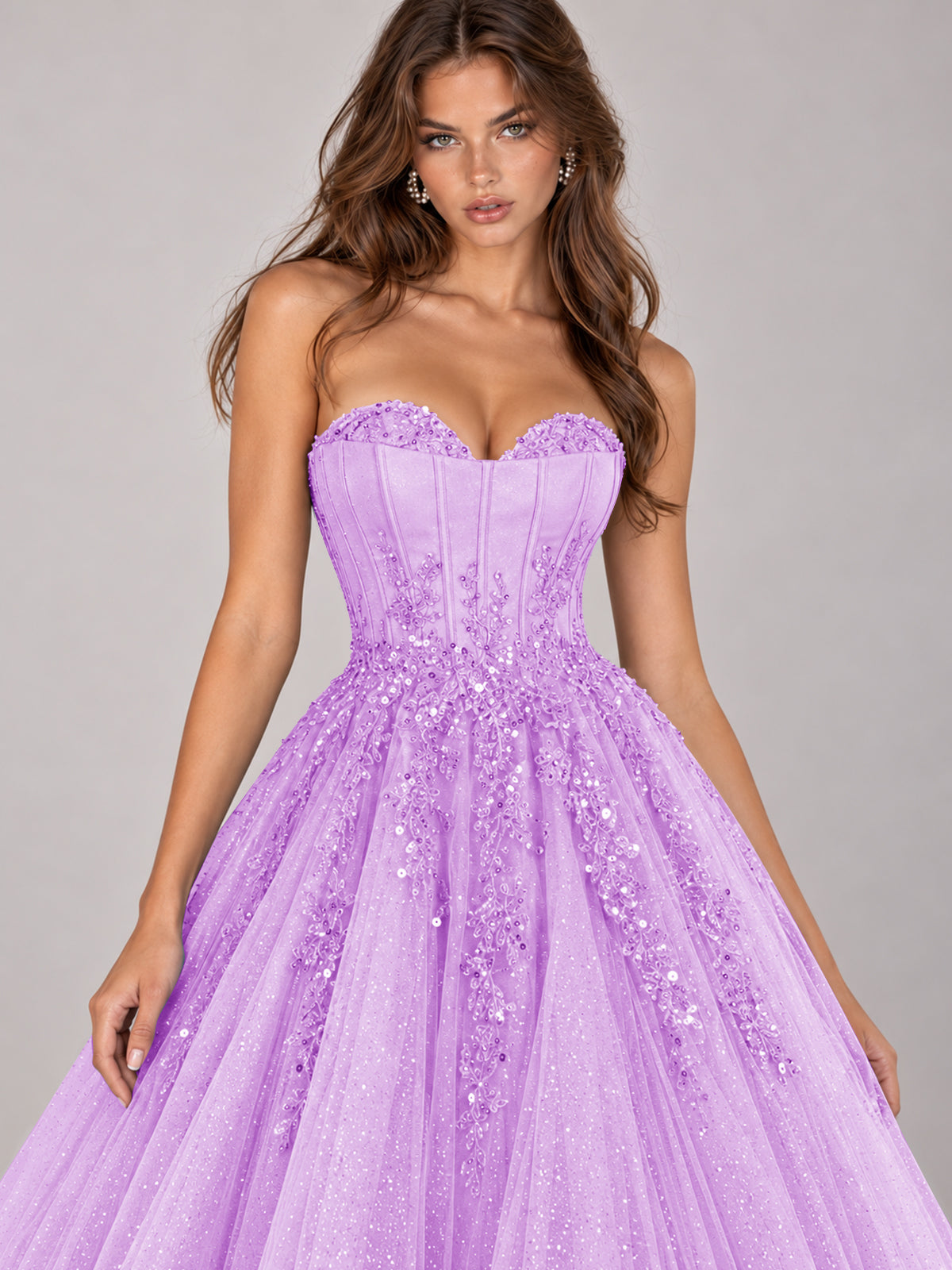 Strapless Sweetheart Beaded Corset Glitter Tulle Ball Gown Prom Dress