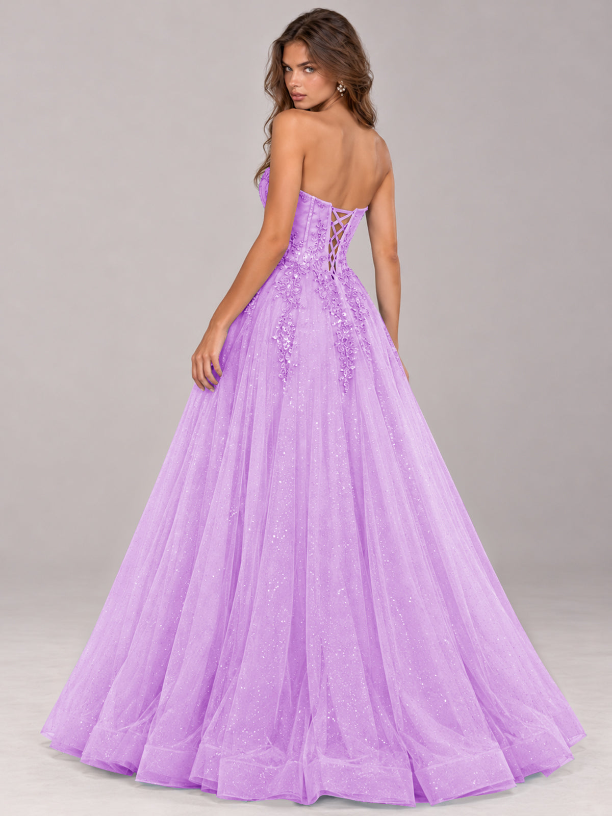 Strapless Sweetheart Beaded Corset Glitter Tulle Ball Gown Prom Dress