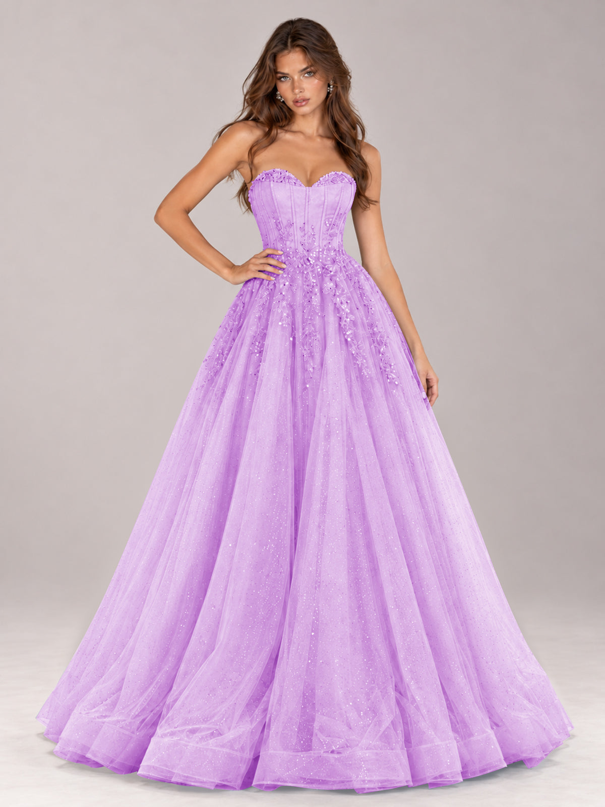 Strapless Sweetheart Beaded Corset Glitter Tulle Ball Gown Prom Dress