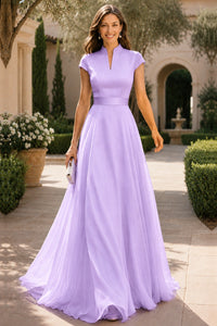 V Neck Cap Sleeve A-Line Floor-Length Satin Bridesmaid Dress