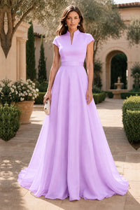 V Neck Cap Sleeve A-Line Floor-Length Satin Bridesmaid Dress