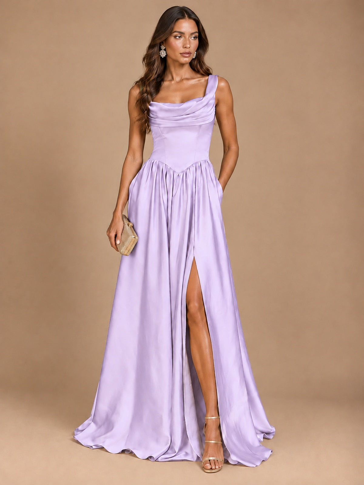 Cowl Neck Pleated Satin Prom Dress with Pockets & Slit Maxi Formal Gowns