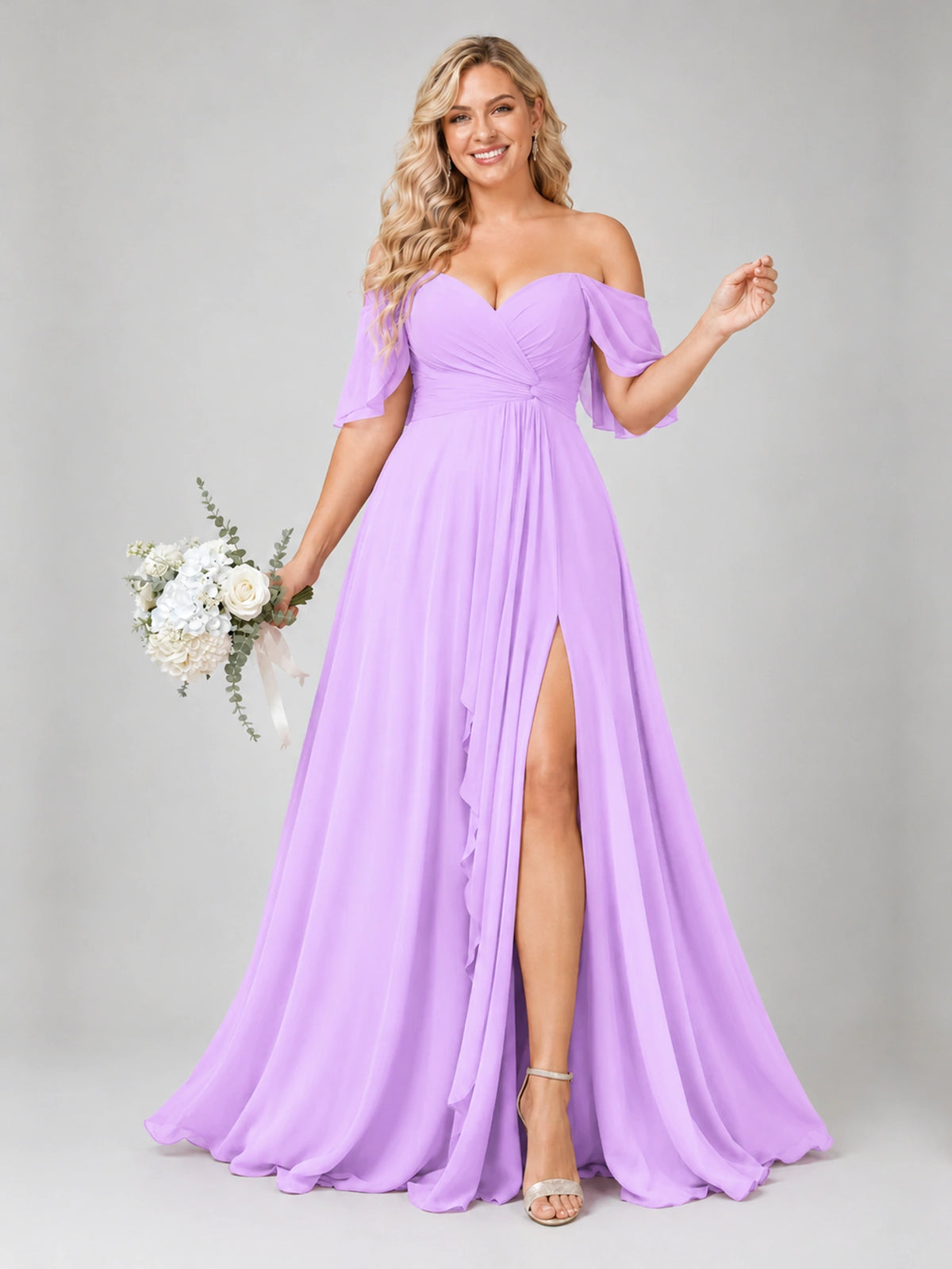 Off Shoulder Chiffon Bridesmaid Dress with Slit