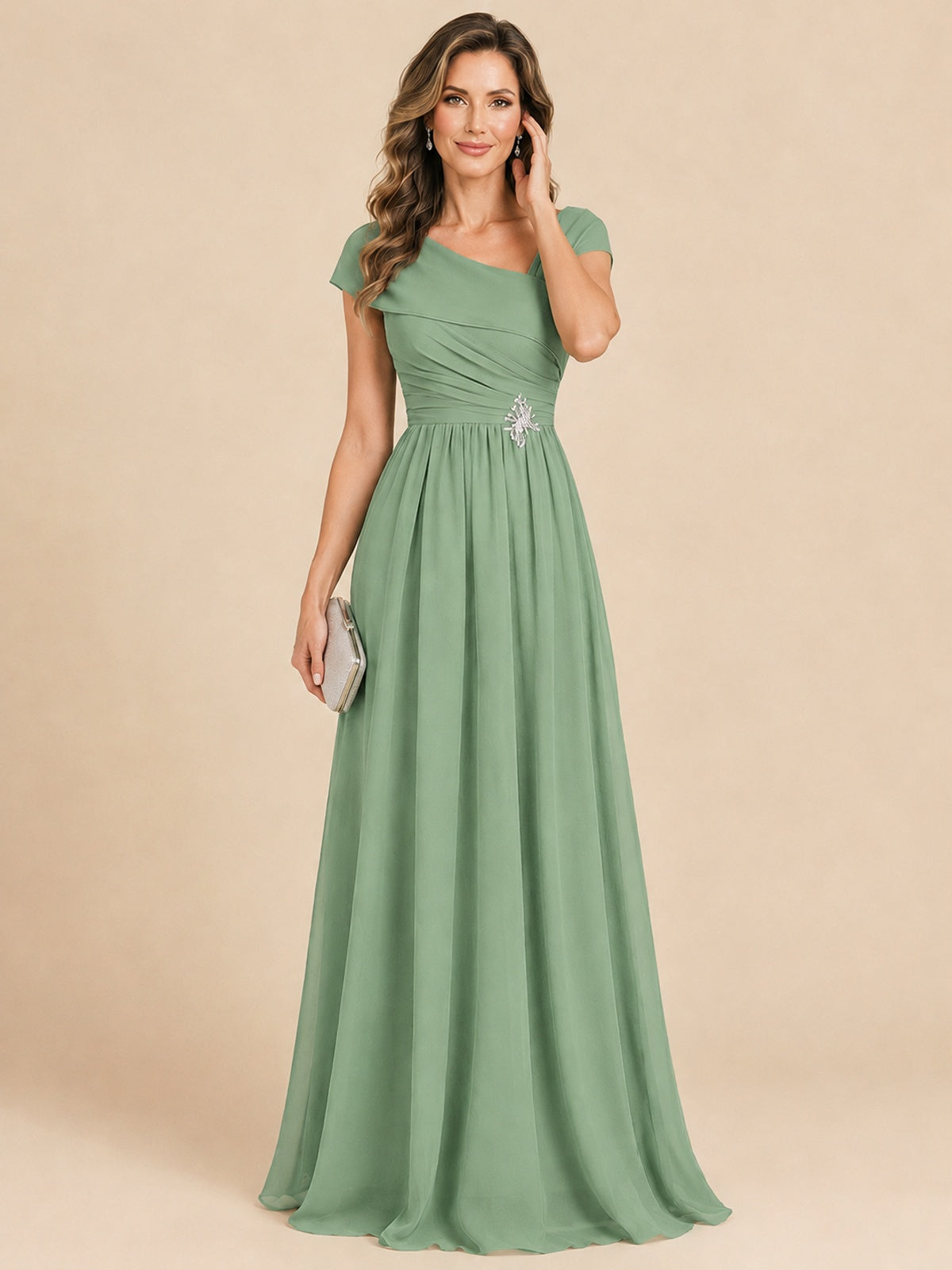 Cap Sleeve Mother of The Bride Dresses Long Chiffon Formal Gowns