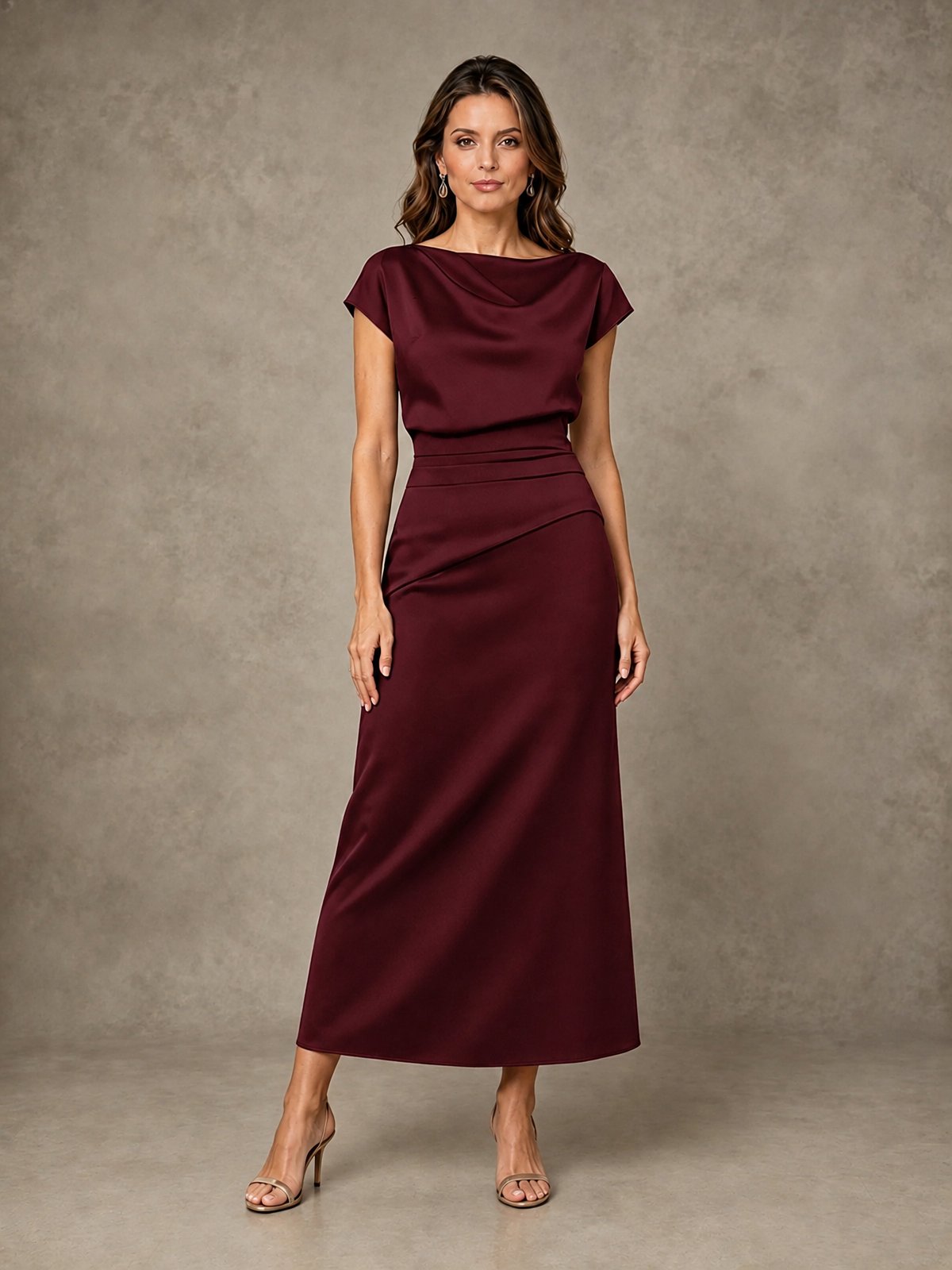 Cowl Neck Satin Mother of the Bride Dress with Ruched Waist