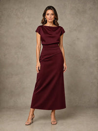 Cowl Neck Satin Mother of the Bride Dress with Ruched Waist