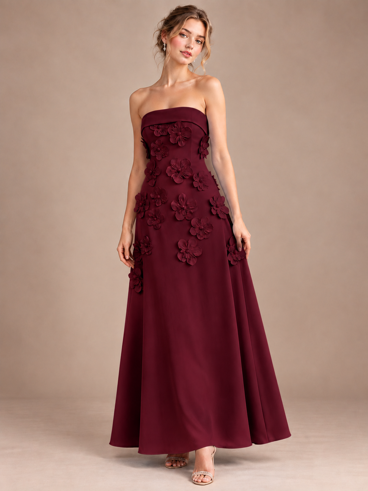 Maroon Strapless 3D Floral Appliques Maxi Dress