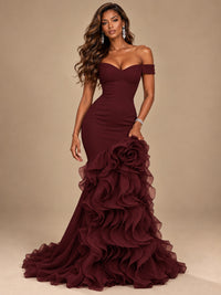 Dusty Blue Off-the-Shoulder Mermaid Prom Dress with 3D Rose & Ruffles