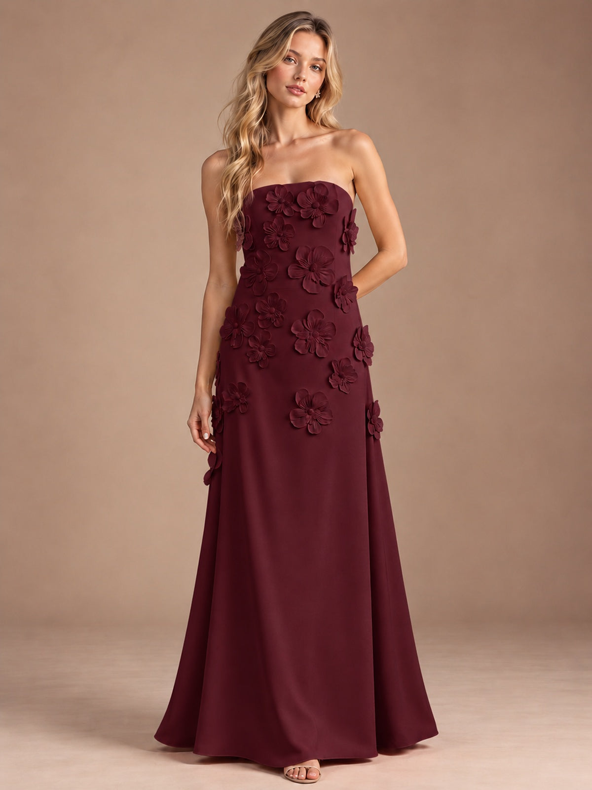 Maroon-Strapless 3D Floral A-line Satin Prom Maxi Dress Formal Evening Gown