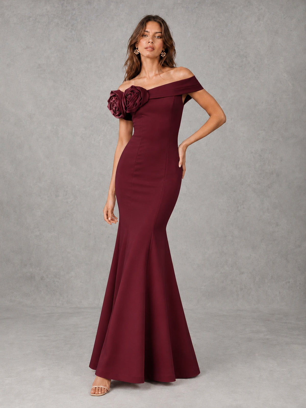 Blush Pink Off Shoulder Mermaid Bridesmaid Dress with Floral Rosette