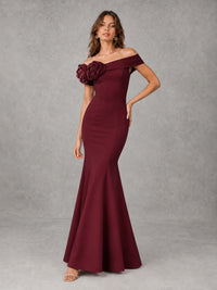 Blush Pink Off Shoulder Mermaid Bridesmaid Dress with Floral Rosette