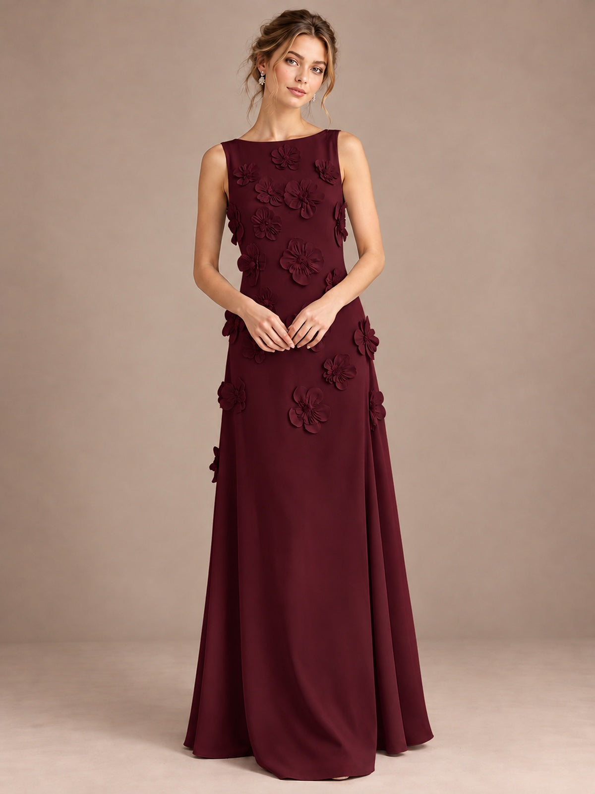 3D Floral Applique Sleeveless Formal Maxi Dress