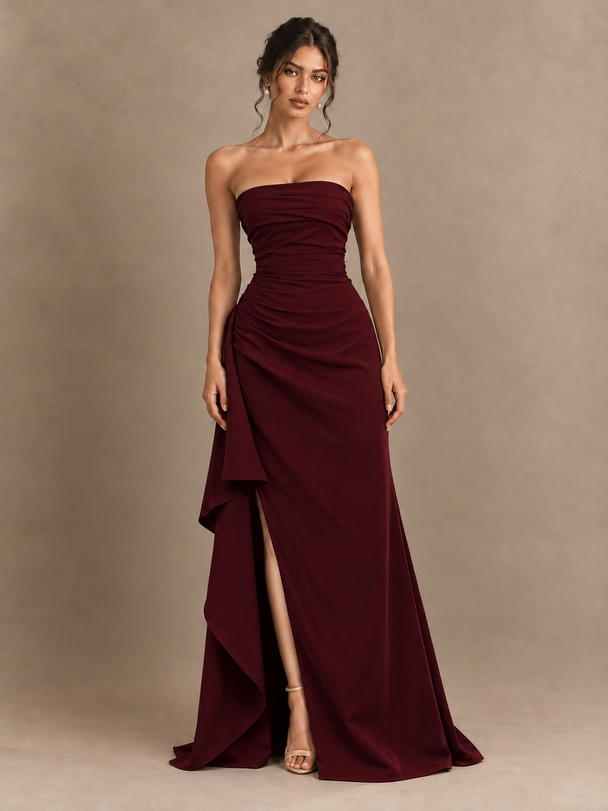 Black and White Strapless Ruched Prom Dress with High Slit & Side Drape
