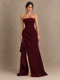 Black and White Strapless Ruched Prom Dress with High Slit & Side Drape