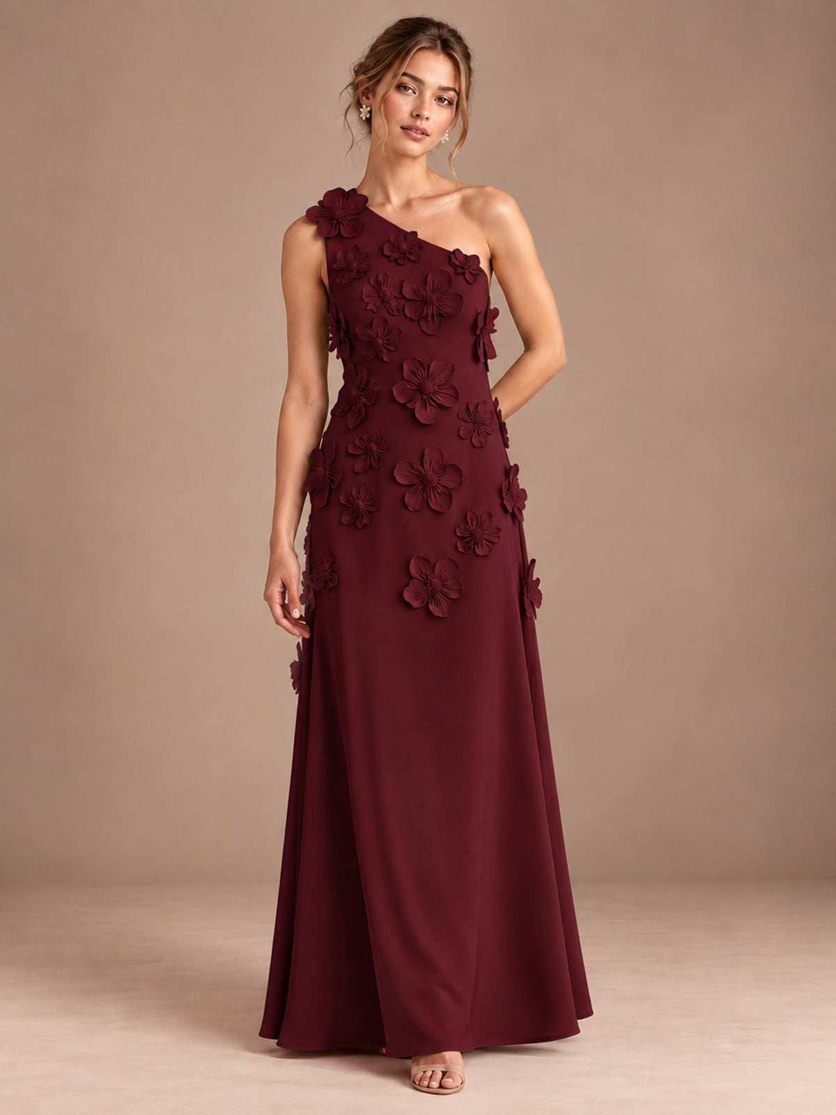 Maroon- One Shoulder Satin Formal Maxi Dress with 3D Floral
