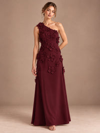 Maroon- One Shoulder Satin Formal Maxi Dress with 3D Floral