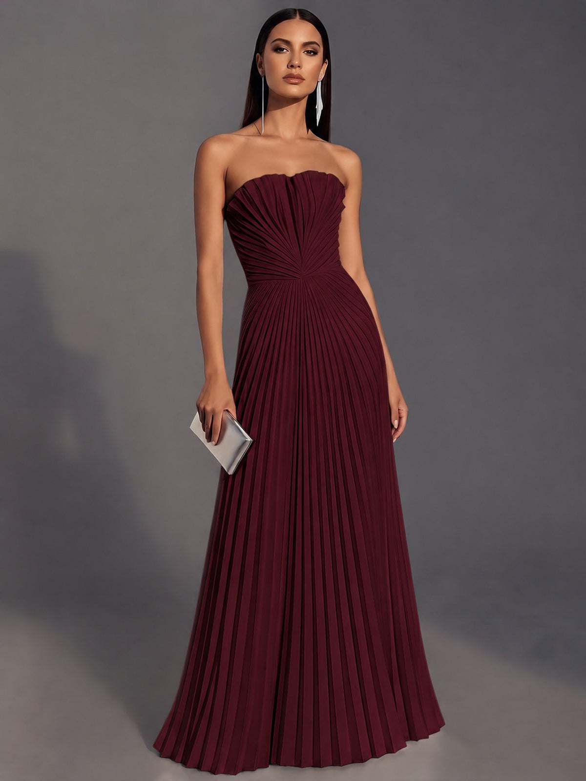 Maroon Strapless Pleated Satin Prom Dress Long Formal Gown Evening Dress