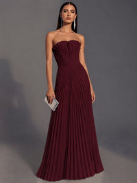 Maroon Strapless Pleated Satin Prom Dress Long Formal Gown Evening Dress