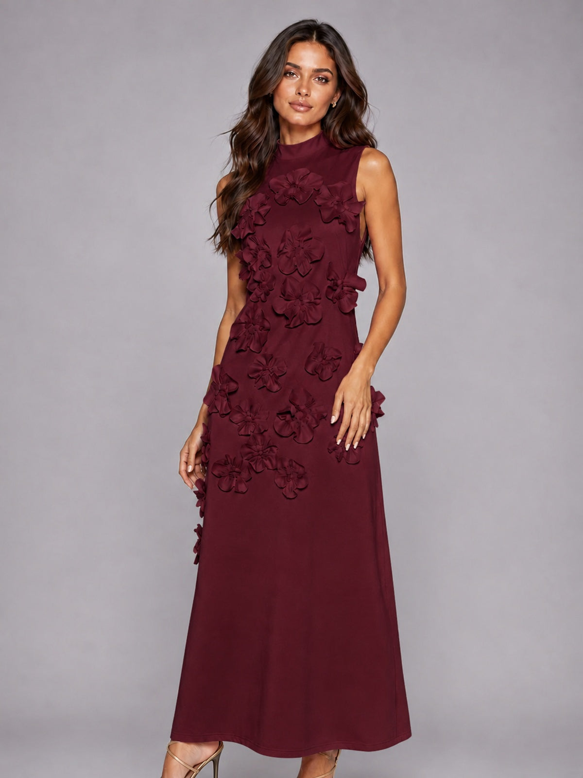 3D Floral Applique High Neck Prom Maxi Dress