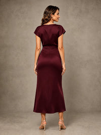 Cowl Neck Satin Mother of the Bride Dress with Ruched Waist
