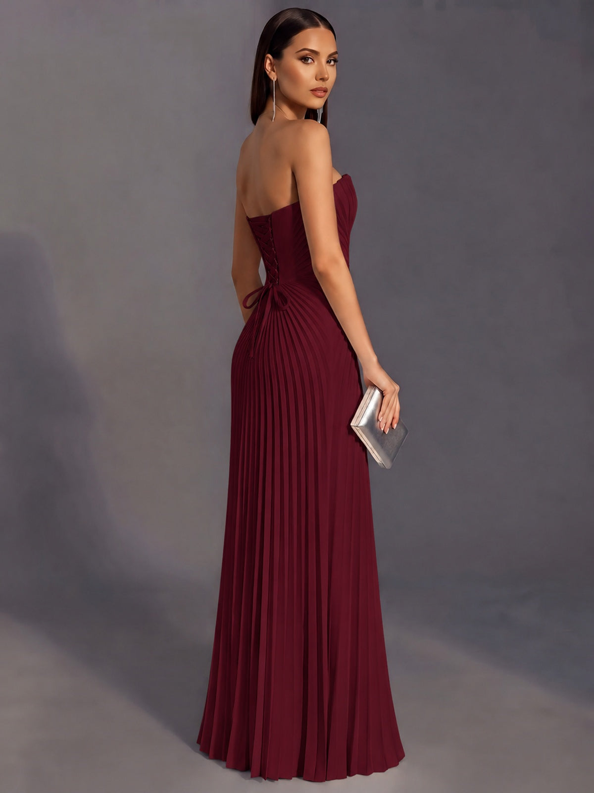 Strapless A-line Long Pleated Satin Prom Dress