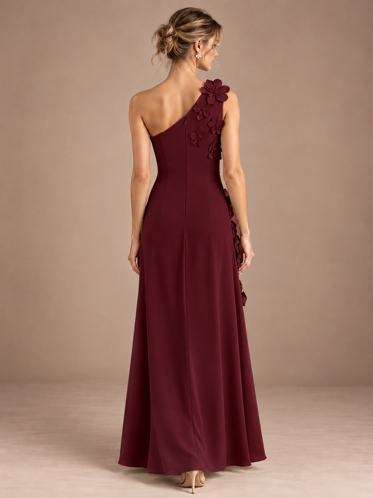 Sage Green One Shoulder Satin Formal Maxi Dress with 3D Floral