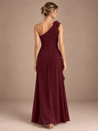 Sage Green One Shoulder Satin Formal Maxi Dress with 3D Floral