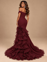 Dusty Blue Off-the-Shoulder Mermaid Prom Dress with 3D Rose & Ruffles