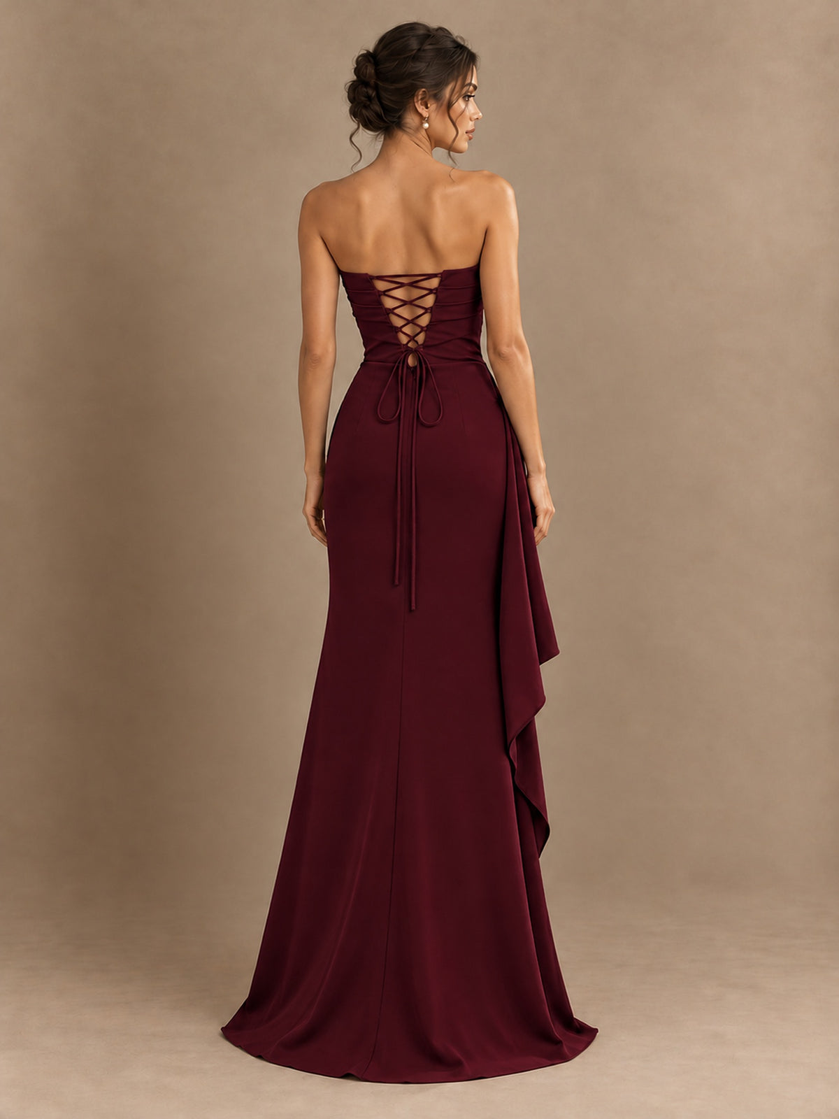 Black and White Strapless Ruched Prom Dress with High Slit & Side Drape