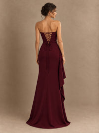 Black and White Strapless Ruched Prom Dress with High Slit & Side Drape