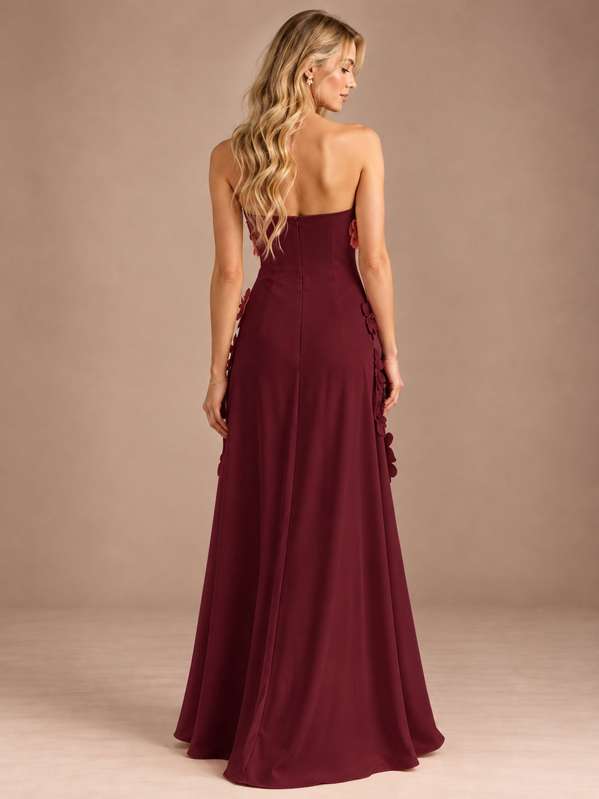 Yellow Strapless A-line Satin Maxi Dress with 3D Floral