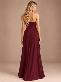 Yellow Strapless A-line Satin Maxi Dress with 3D Floral