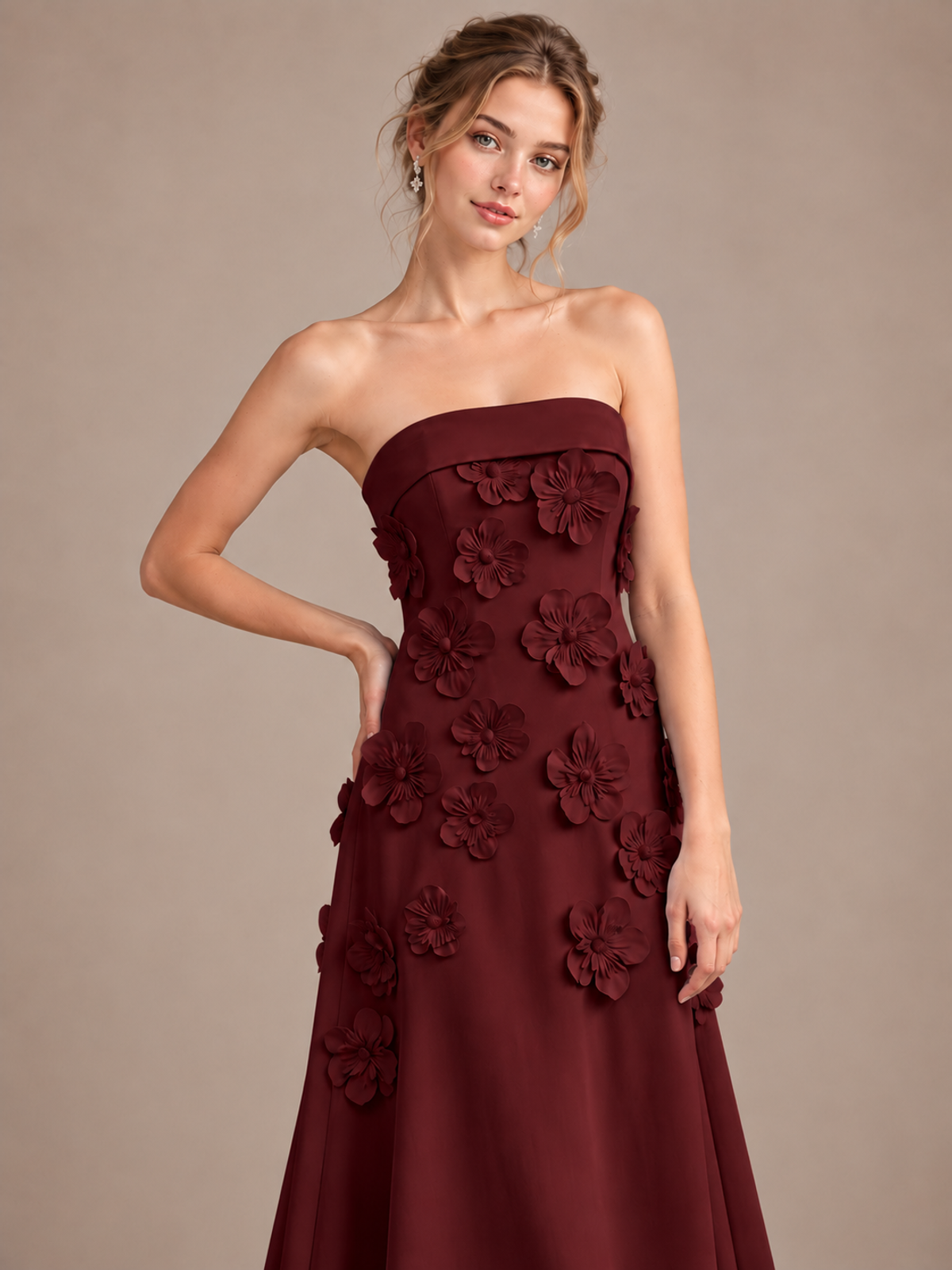 Yellow Strapless 3D Floral Appliques Maxi Dress