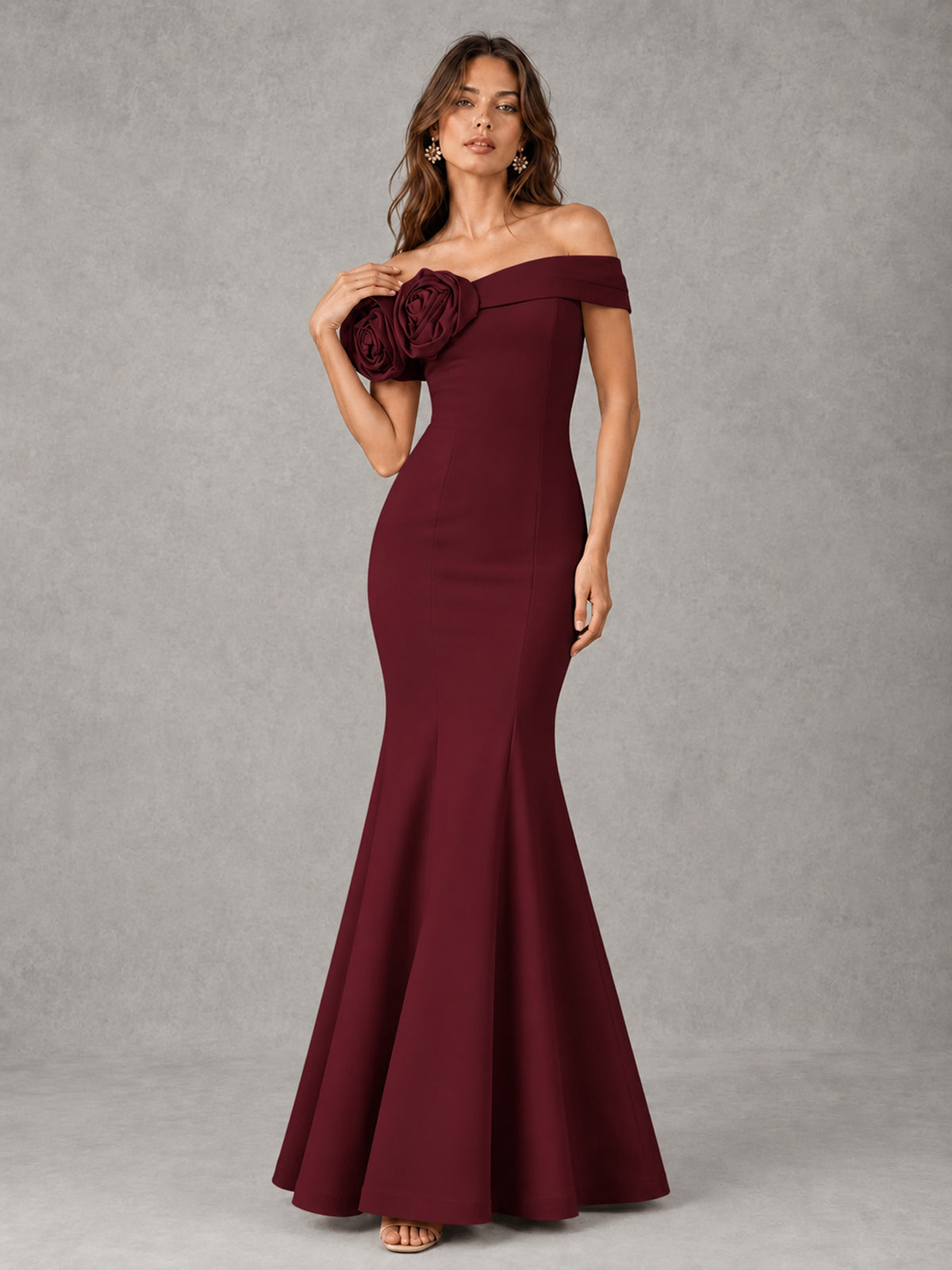 Blush Pink Off Shoulder Mermaid Bridesmaid Dress with Floral Rosette