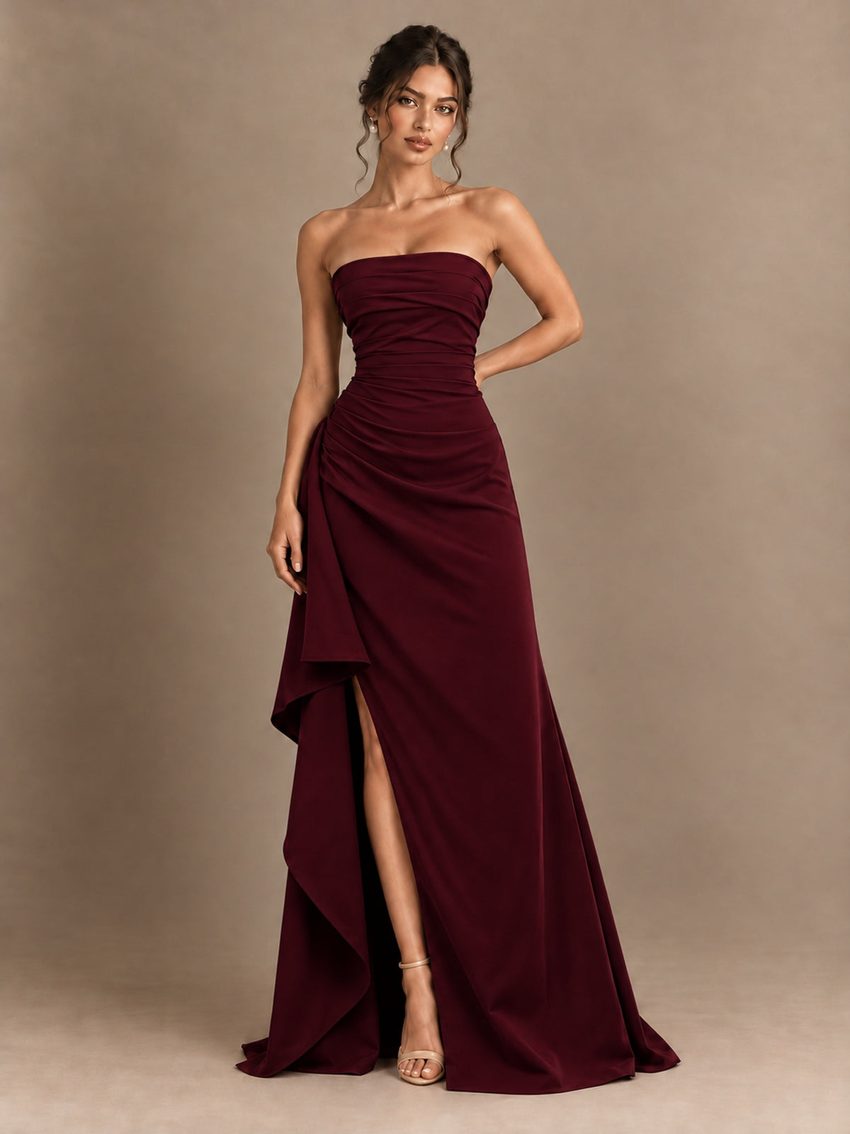Black and White Strapless Ruched Prom Dress with High Slit & Side Drape