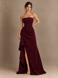 Black and White Strapless Ruched Prom Dress with High Slit & Side Drape