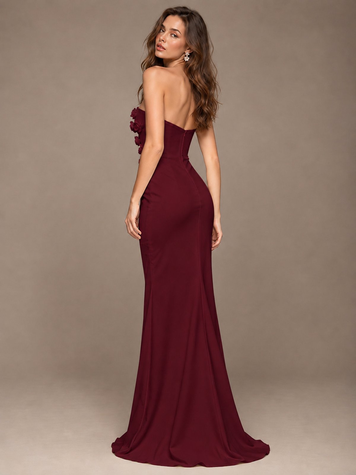 White Strapless Mermaid Maxi Dress with 3D Floral Appliques