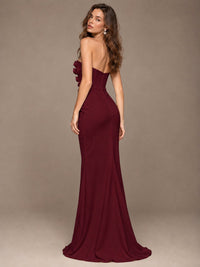 White Strapless Mermaid Maxi Dress with 3D Floral Appliques