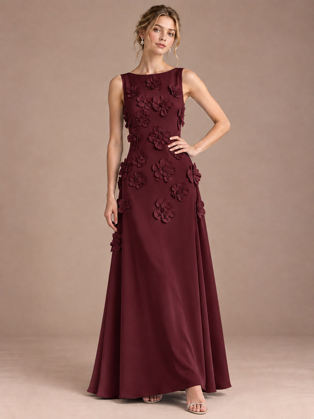 3D Floral Applique Sleeveless Formal Maxi Dress