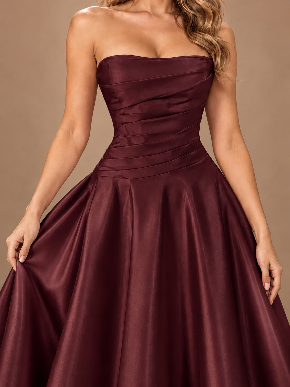 Blush Pink Strapless Satin A-Line Prom Dress with Ruched Bodice